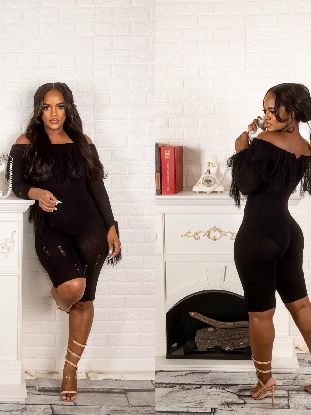Off-Shoulder Black Feather Trim Jumpsuit